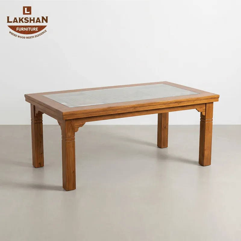 Teak Tray Glass Dining Table — View 1